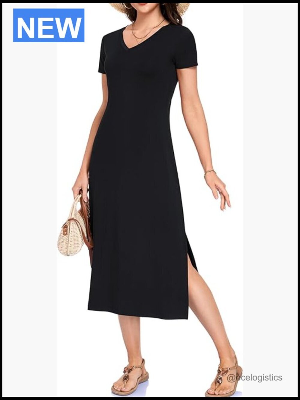 Women's Casual Short Sleeve V-Neck Midi Swing Dress with Side Split